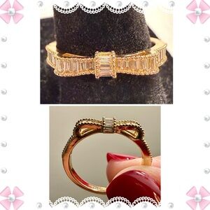 Ring - size 8.25 - bow shaped gold tone w/clear baguette crystals - New! BOGO
